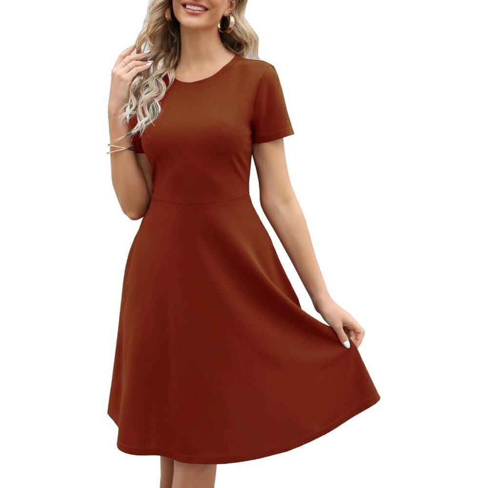 Women's Brown Elegant Knee Length Vintage A-Line Swing Dress with Pockets